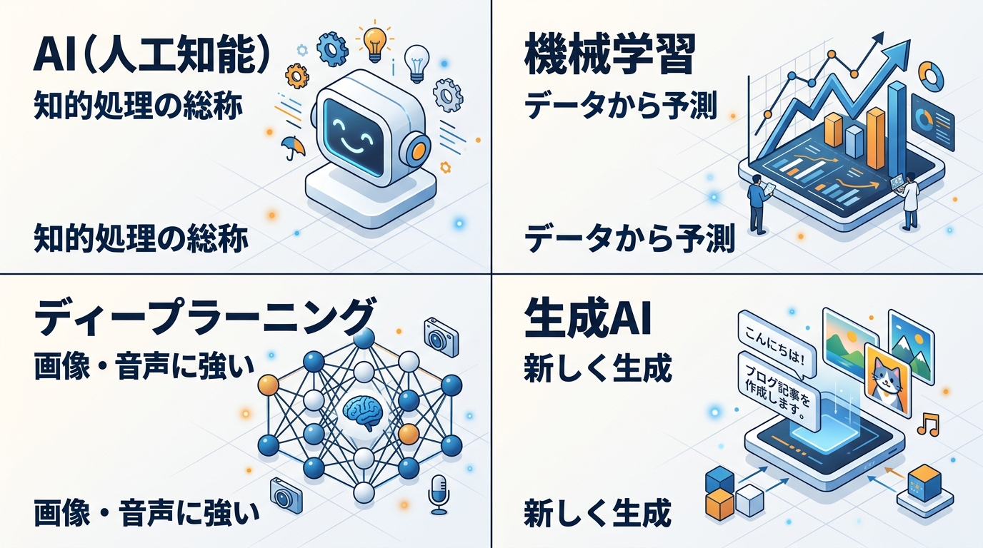 AI・機械学習・ディープラーニング・生成AIそれぞれの特徴と例の比較図