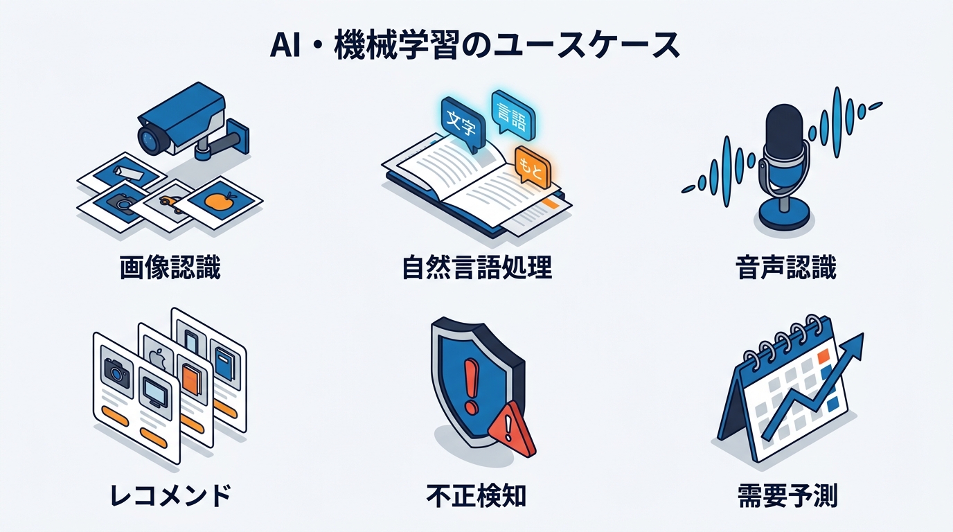 AI・機械学習の代表的なユースケース6種（画像認識・自然言語処理・音声認識・レコメンド・不正検知・需要予測）
