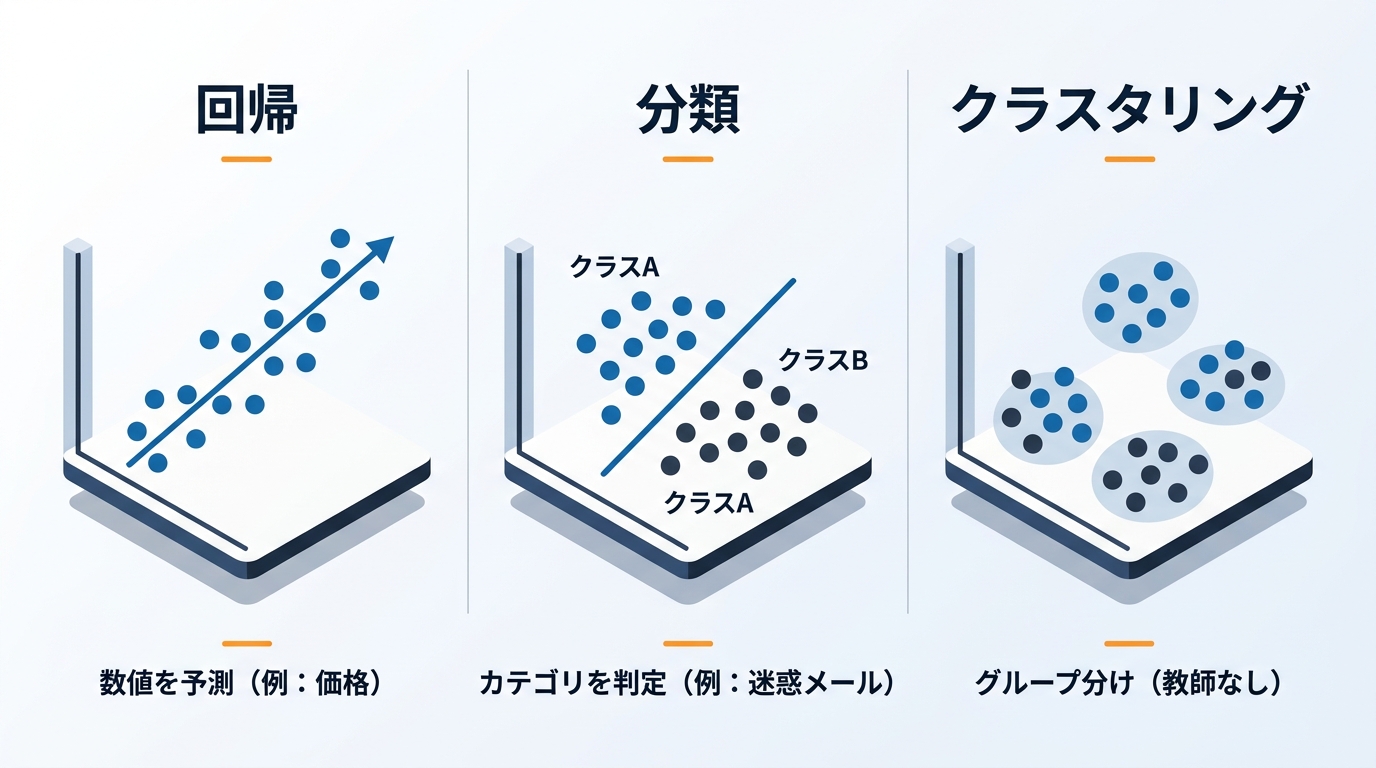 機械学習の3手法（回帰・分類・クラスタリング）の違いの図
