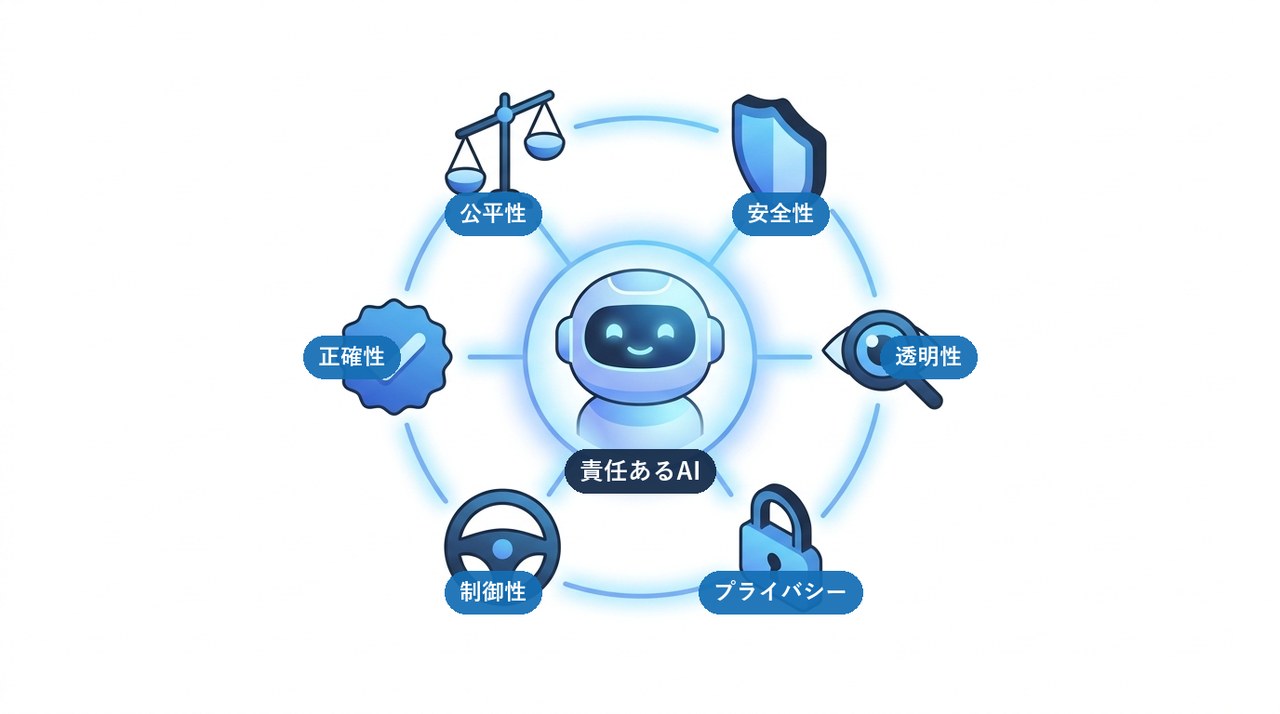 責任あるAIの原則（公平性・安全性・透明性・プライバシー・制御性・正確性）を中央のAIから放射状に示した図