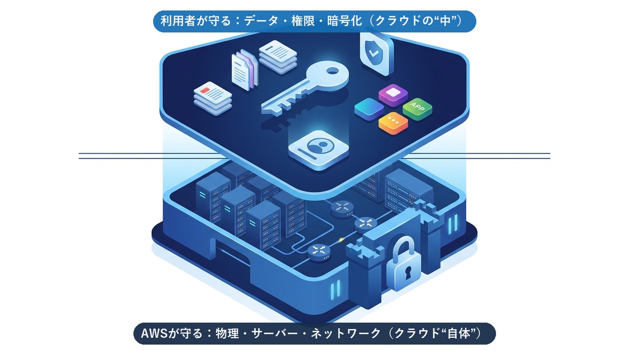 AWSの責任共有モデル。利用者がクラウドの中（データ・権限・暗号化）、AWSがクラウド自体（物理・サーバー・ネットワーク）を守る図