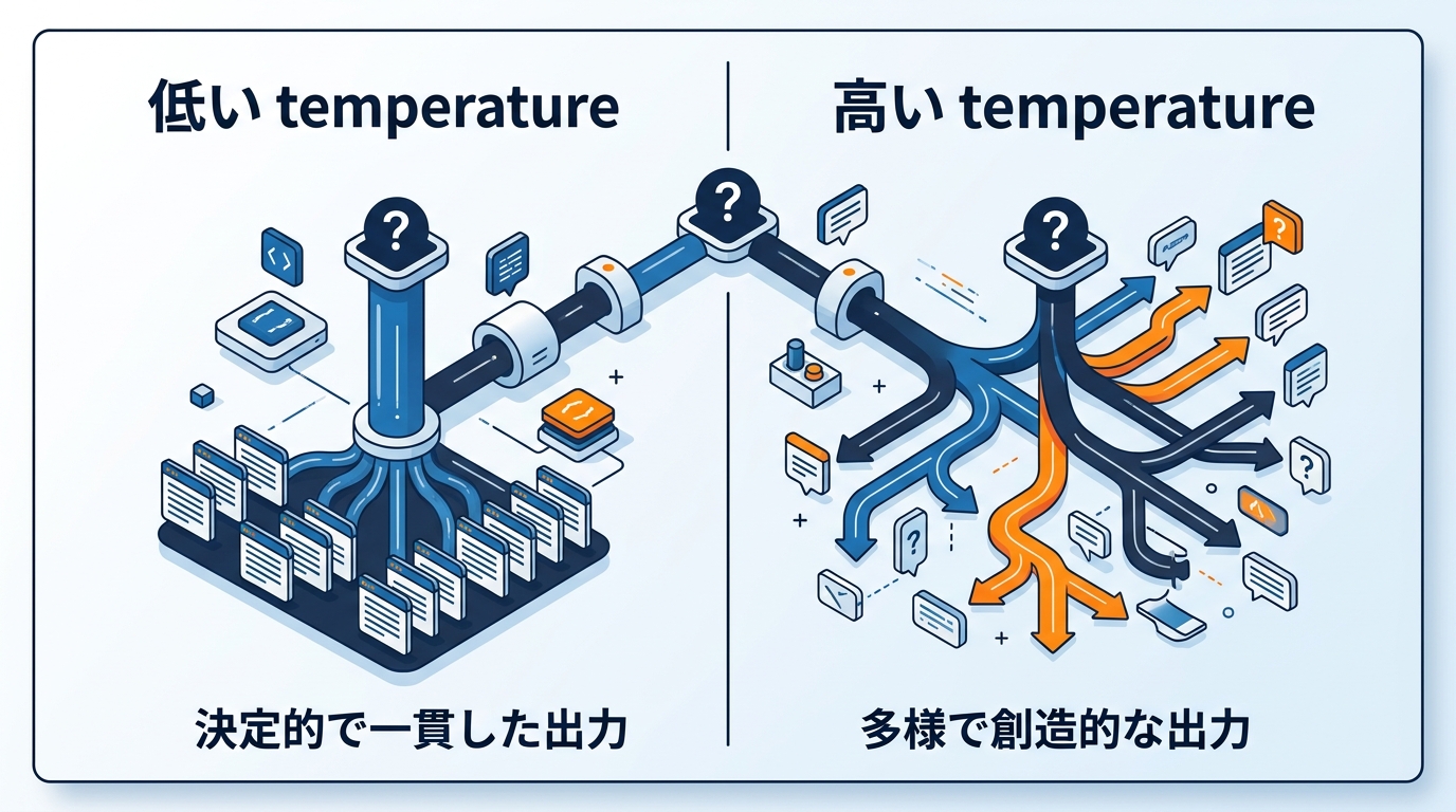 推論パラメータtemperatureの効果（低い=決定的/高い=多様）の図