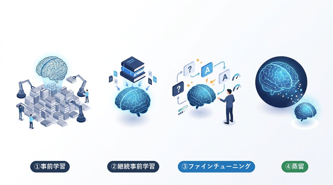 事前学習・継続事前学習・ファインチューニング・蒸留の違いのイラスト