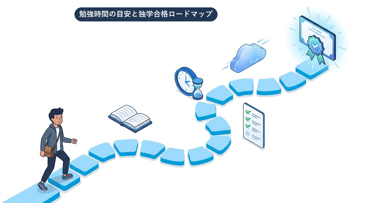 AWS認定AIプラクティショナー(AIF-C01)の勉強時間と勉強法のロードマップを示すイメージ図