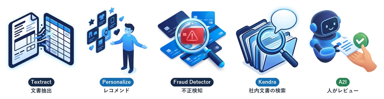 用途特化のAWS AIサービス5種（Textract/Personalize/Fraud Detector/Kendra/A2I）の用途別アイコン図
