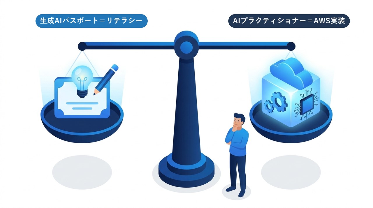 生成AIパスポート（リテラシー重視）とAWS AIプラクティショナー（AWS実装重視）を天秤で比較する図解