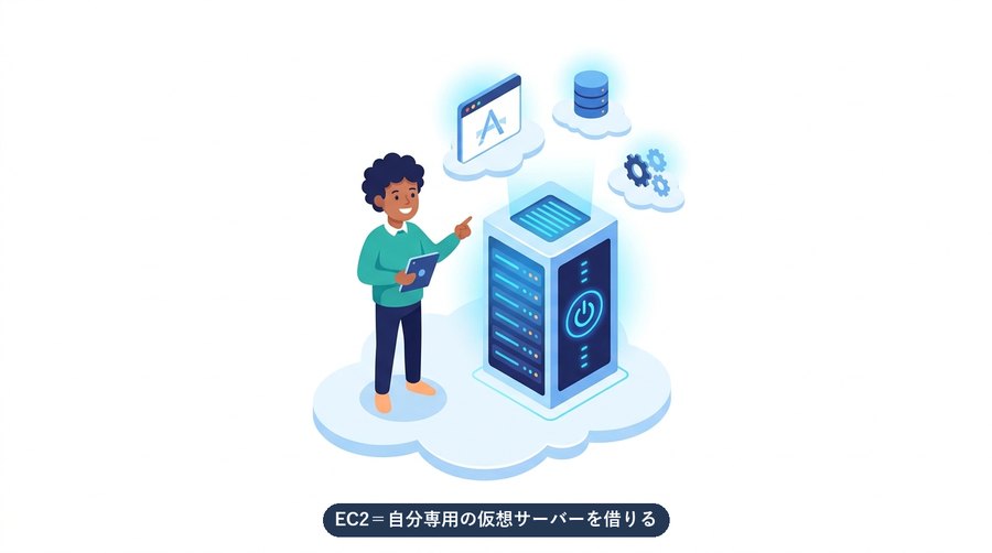 クラウド上の仮想サーバー(EC2)を自分で借りて、OSやソフトを自由に入れて使うイメージ図