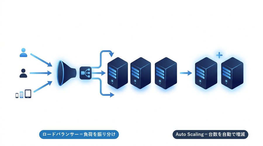 ロードバランサーが負荷を複数サーバーに振り分け、Auto Scalingが台数を自動で増減するイメージ図