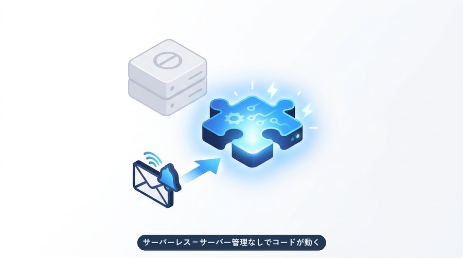 サーバーを管理せず、イベントをきっかけにコードだけが動くサーバーレスのイメージ図
