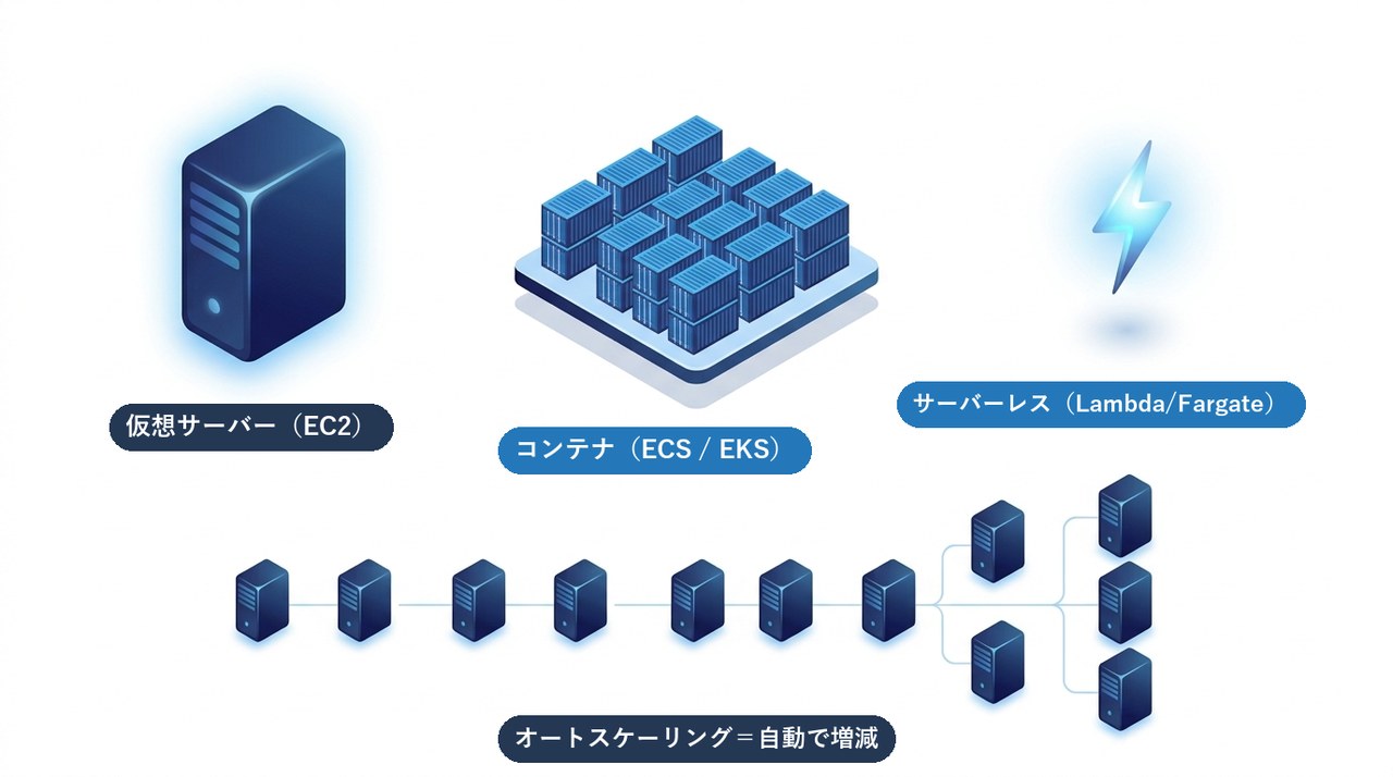 AWSの3つのコンピューティング：仮想サーバー(EC2)・コンテナ(ECS/EKS)・サーバーレス(Lambda/Fargate)とオートスケーリングを示す図