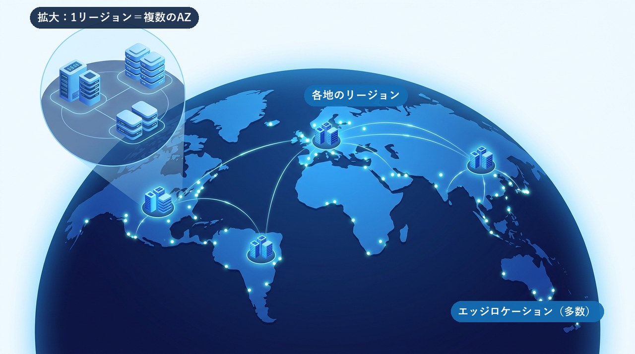 AWSグローバルインフラ：世界各地のリージョン、1リージョン内の複数AZ、多数のエッジロケーションの関係を示す図