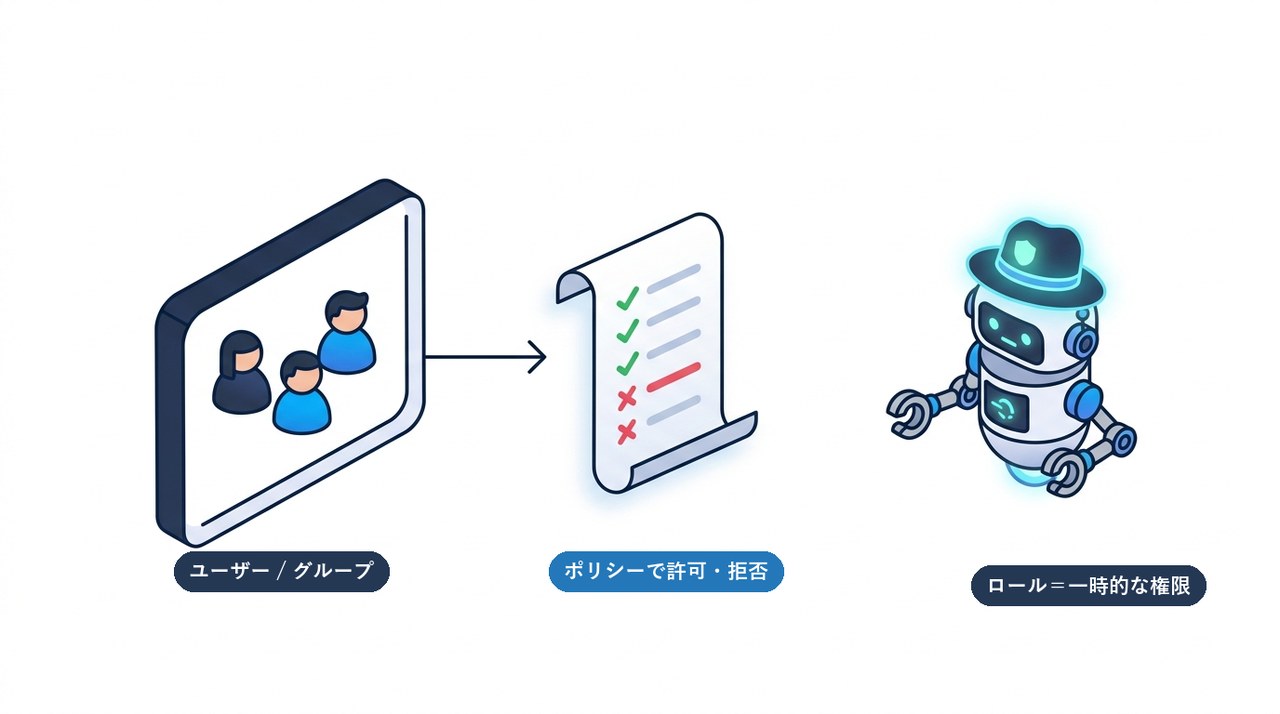 ユーザーをグループにまとめ、ポリシーで許可・拒否を定義し、ロールは一時的に権限を与えることを示す図