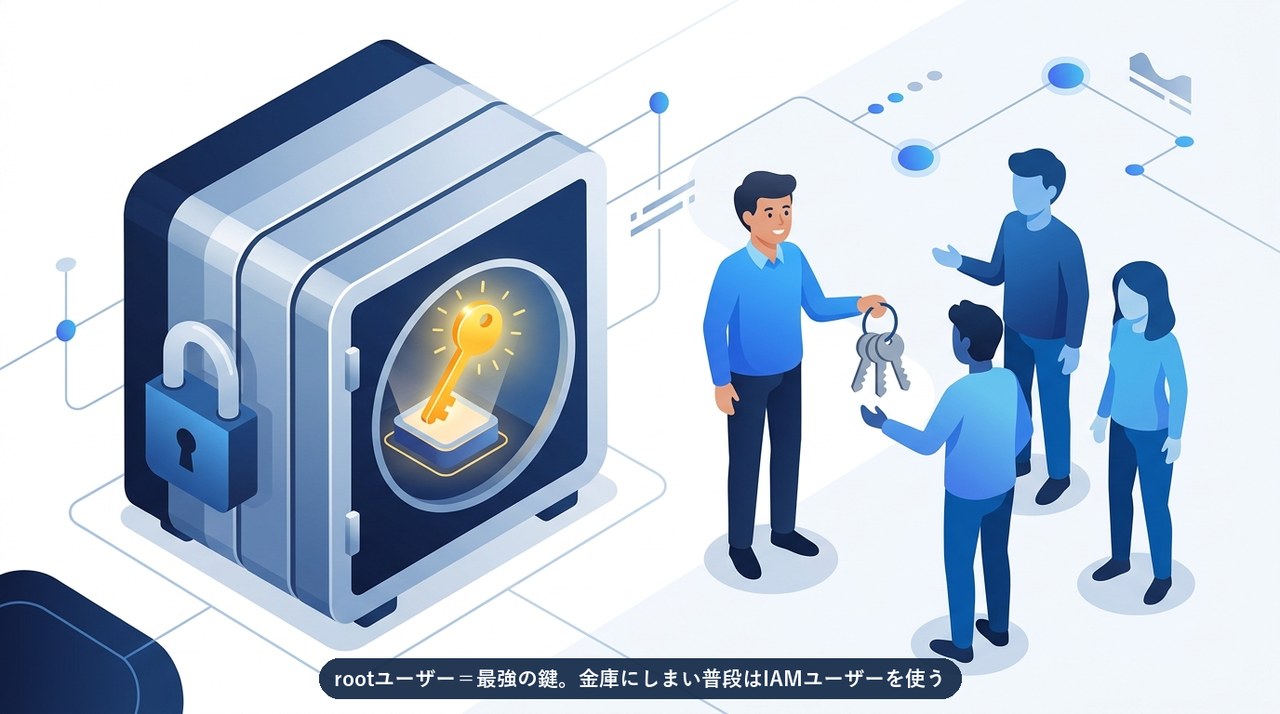 rootユーザーは最強の鍵。金庫にしまい、普段はIAMユーザーを使うことを示す図
