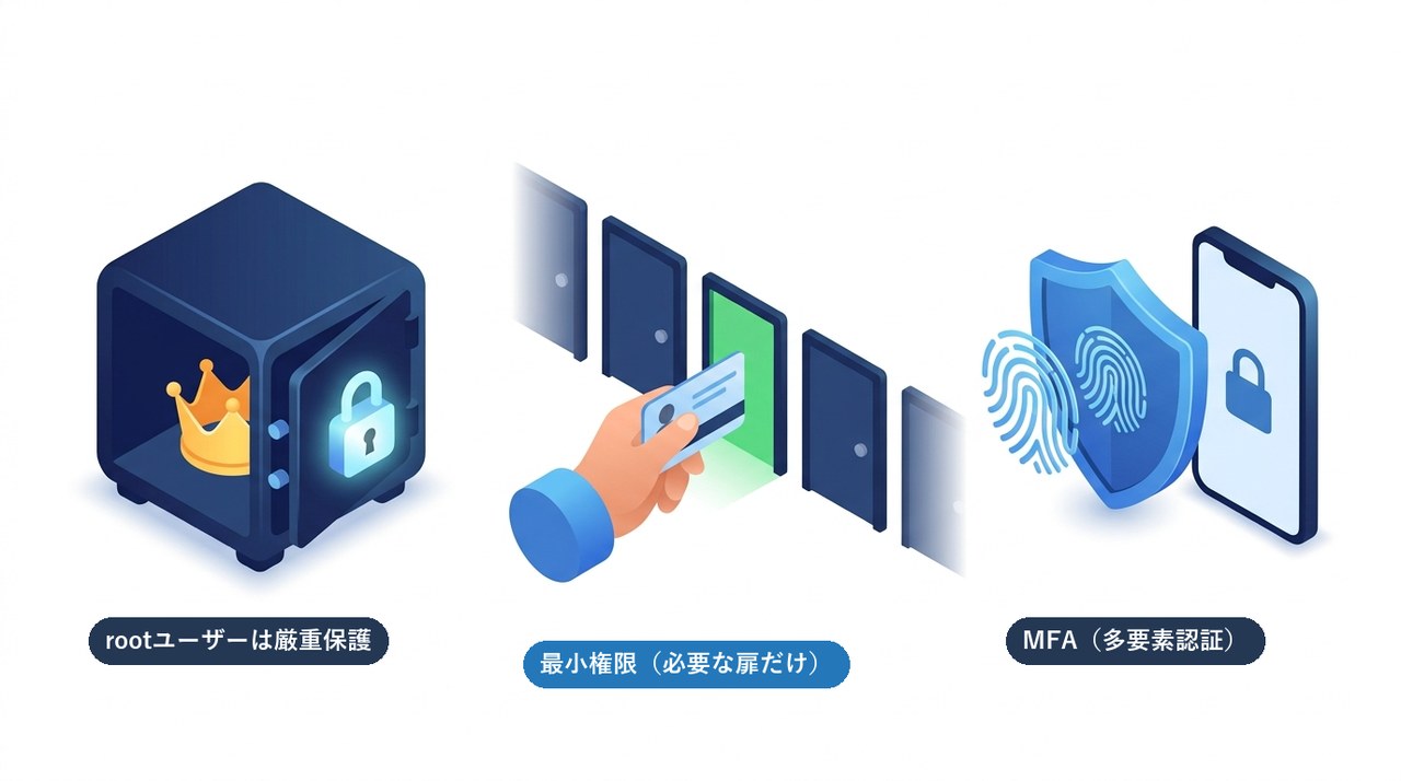 IAMのアクセス管理：rootユーザーを金庫で保護し、必要な扉だけ開ける最小権限、MFAで本人確認を強化するイメージ図