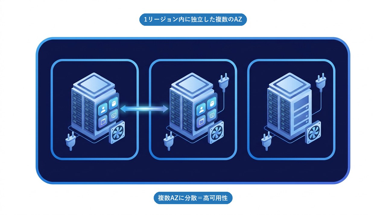 1リージョン内に独立した電源・空調を持つ複数のAZがあり、複数AZにアプリを分散すると高可用性になることを示す図