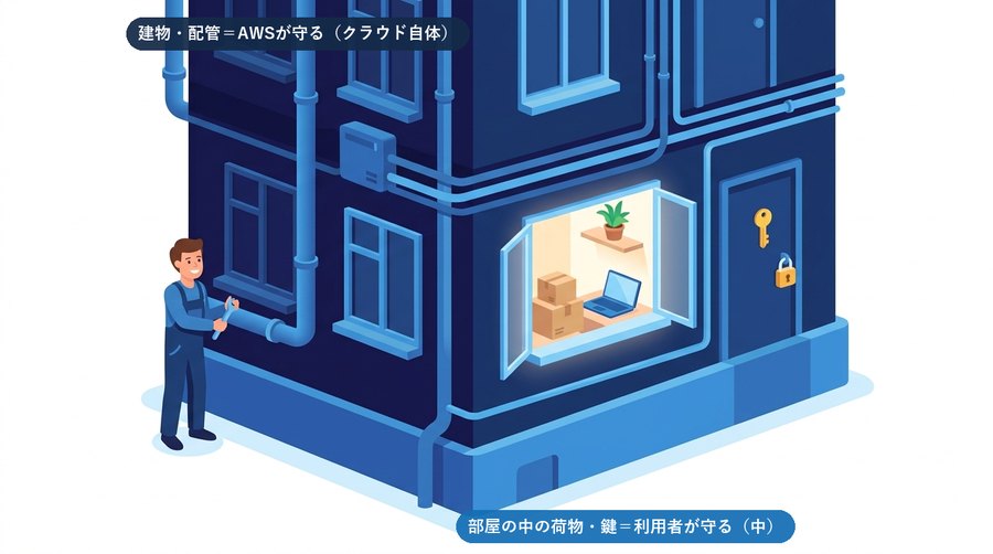 責任共有モデルを賃貸マンションに例えた図。建物・配管はAWS、部屋の中の荷物と鍵は利用者が守る