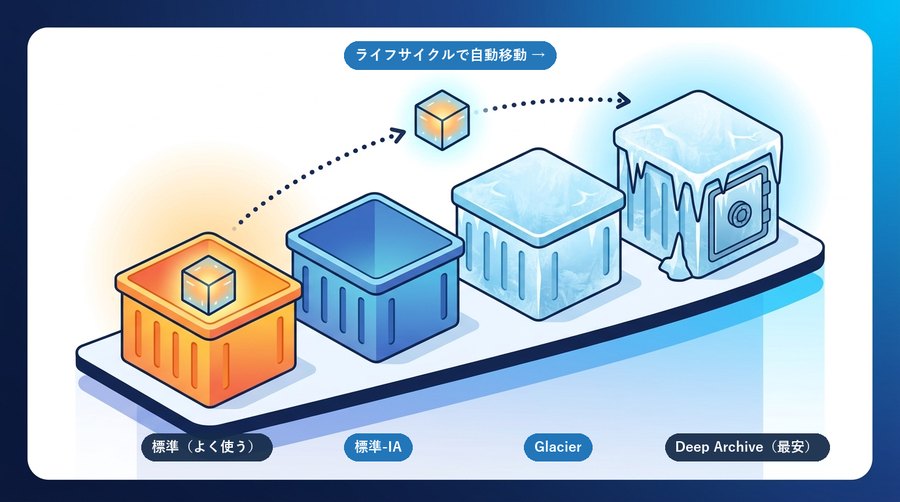 S3ストレージクラスとライフサイクル：データが標準→標準-IA→Glacier→Deep Archiveへ自動で移動するイメージ図