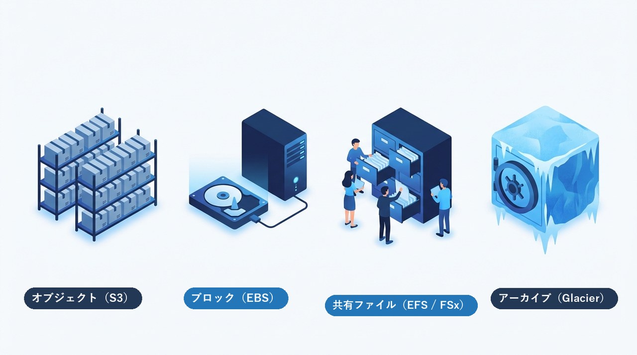 AWSの4つのストレージ：オブジェクト(S3)・ブロック(EBS)・共有ファイル(EFS/FSx)・アーカイブ(Glacier)の違いを示す図