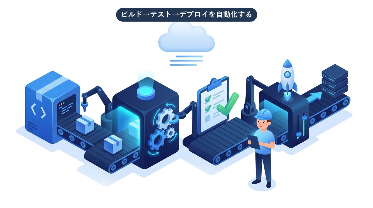 ビルド・テスト・デプロイを自動化するCI/CDパイプラインのイメージ図