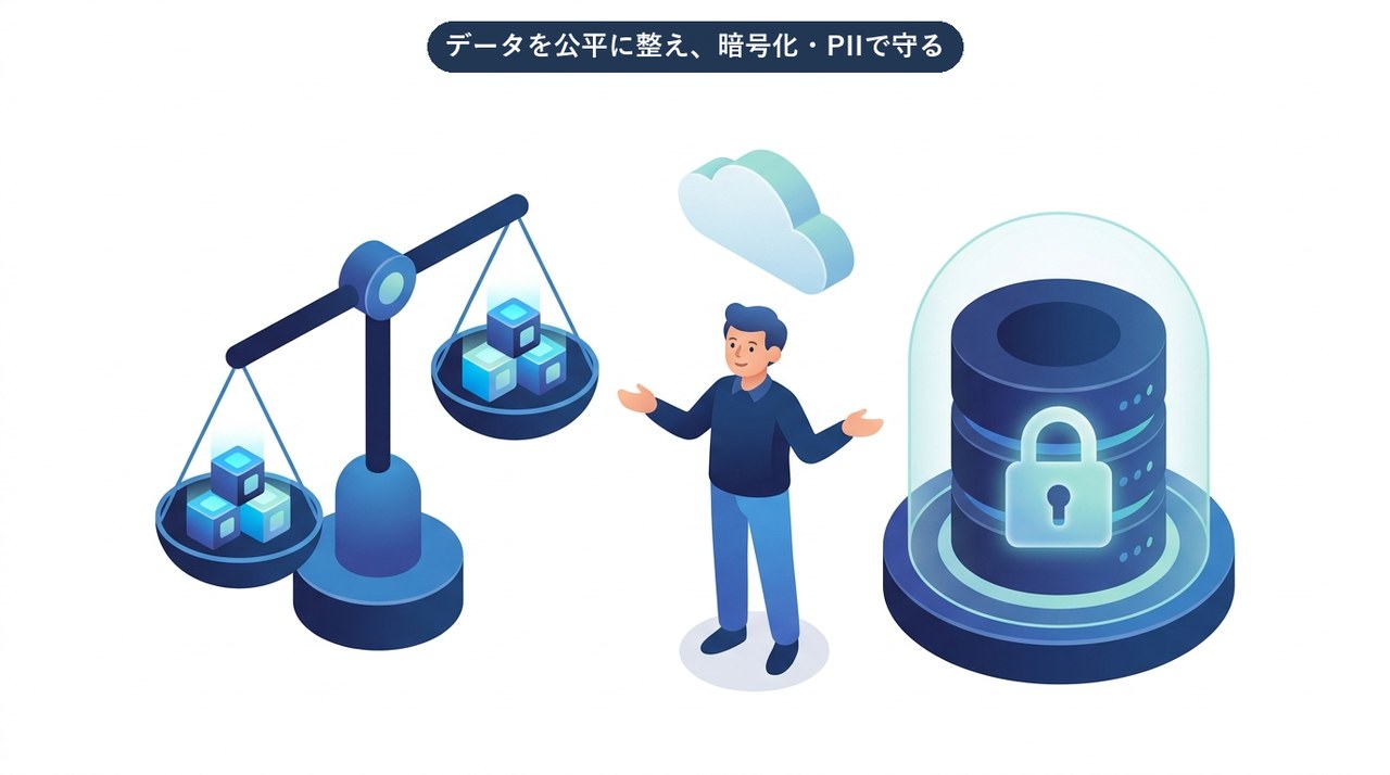 データの偏りを公平にし、暗号化・PII保護で守るイメージ図