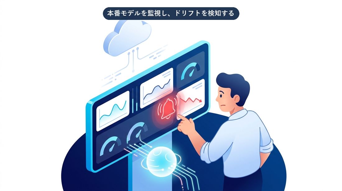 本番のモデルを監視し、ドリフトや異常を検知するイメージ図