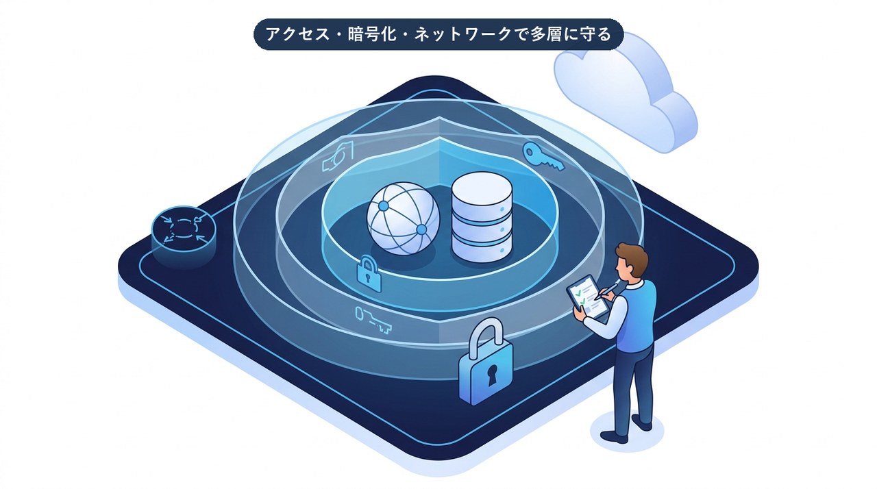 MLリソースをIAM・暗号化・ネットワークで多層的に守るイメージ図
