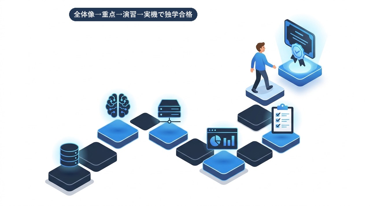 MLA-C01の独学合格に向けた勉強のロードマップを示すイメージ図