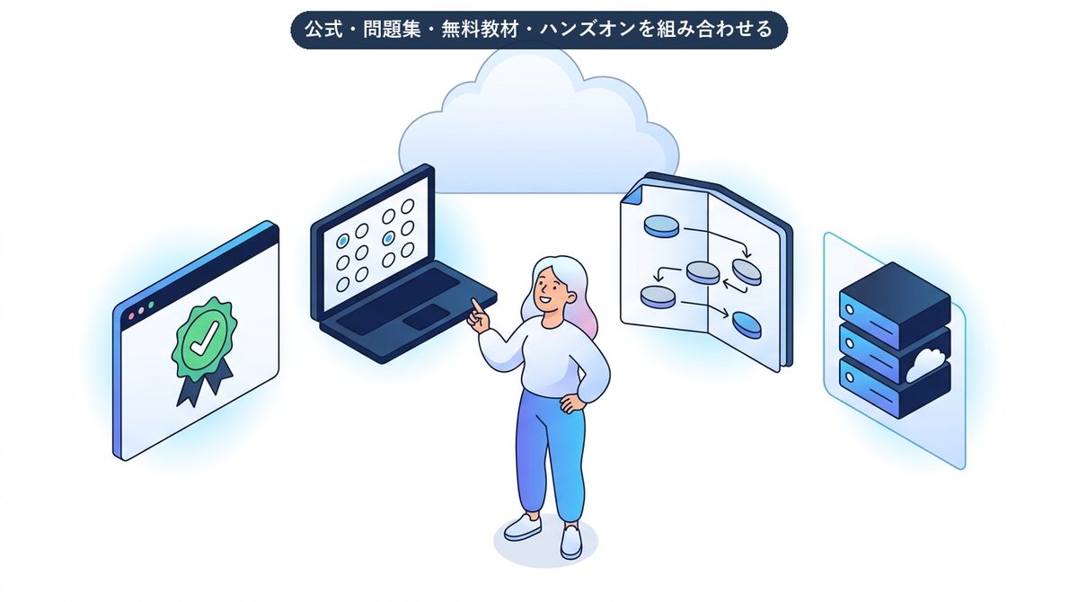 MLA-C01の対策教材（公式講座・問題集・無料教材・ハンズオン）を選ぶイメージ図