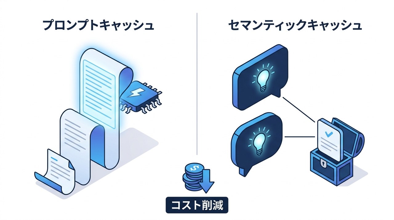 プロンプトキャッシュ（同じ長い前置きを再利用）とセマンティックキャッシュ（意味が同じ質問への回答を再利用）の対比図解