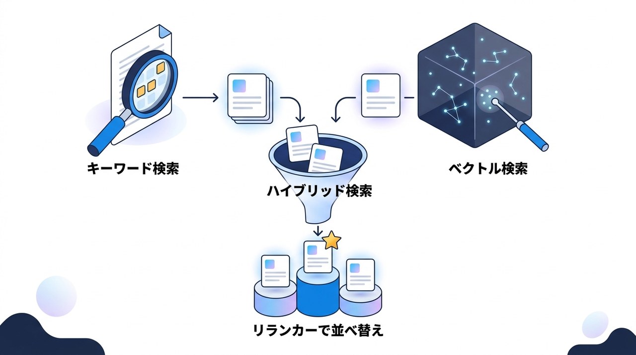 ハイブリッド検索の図解（キーワード検索とベクトル検索の結果を統合し、リランカーで関連度順に並べ替える流れ）
