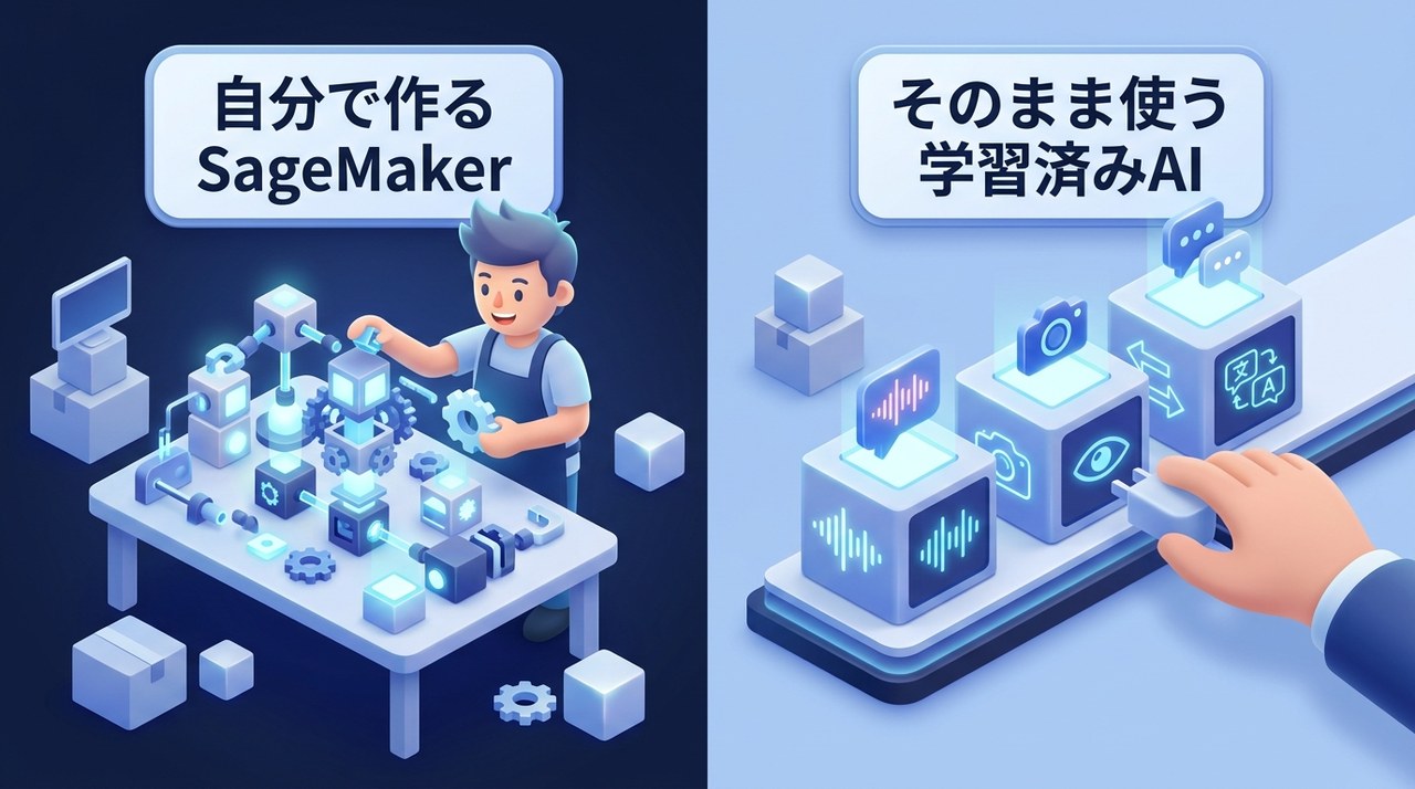 機械学習モデルを自分で作るSageMakerと、翻訳や画像認識などをそのまま使える学習済みAIサービスの違いを示す図