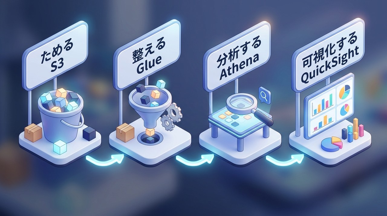 データ分析の流れ：S3にためて、Glueで整えて、Athenaで分析して、QuickSightで可視化するパイプラインを示す図