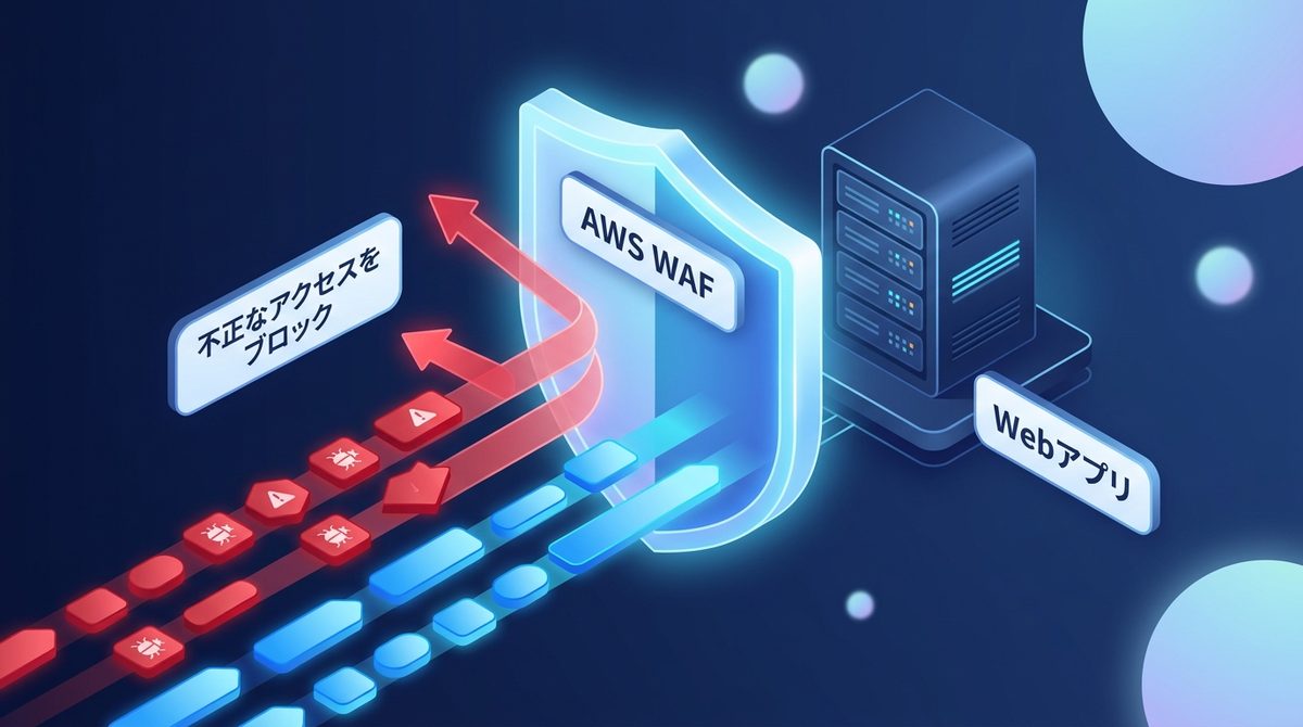 AWS WAFがWebアプリの前で不正なアクセスをブロックし、正常なアクセスだけを後ろのサーバーへ通すことを示す図
