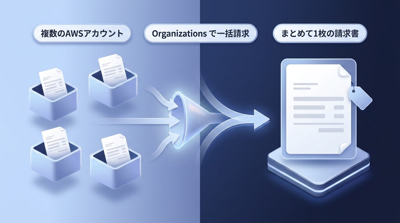 複数のAWSアカウントをAWS Organizationsの一括請求でまとめ、1枚の請求書にしてボリューム割引を受けるイメージ図