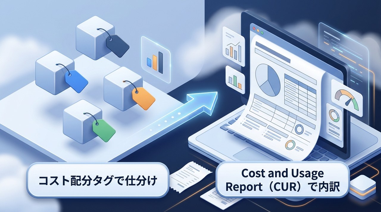 リソースにコスト配分タグを付けて分類し、Cost and Usage Report(CUR)で詳細な内訳を確認する流れを示す図