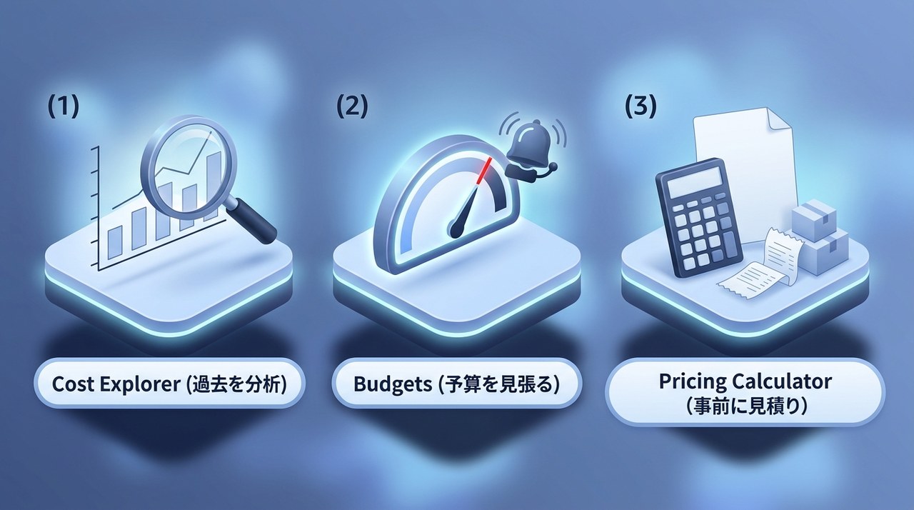 Cost Explorer(過去を分析)・Budgets(予算を見張る)・Pricing Calculator(事前に見積り)の3つのコスト管理ツールの役割の違いを示す図
