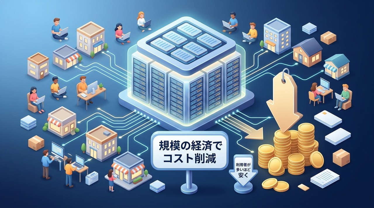 規模の経済：多くの企業や利用者が1つの巨大なAWSデータセンターを共同利用することで1人あたりのコストが下がることを示す図