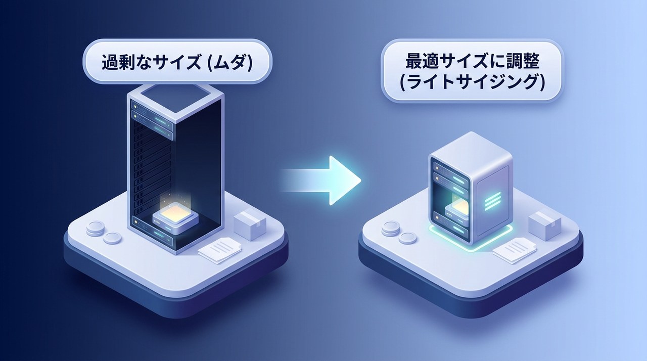 ライトサイジングの図:中身がスカスカな過剰サイズのサーバーを、実際の使用量に合った最適サイズに調整してムダを減らすことを示す図