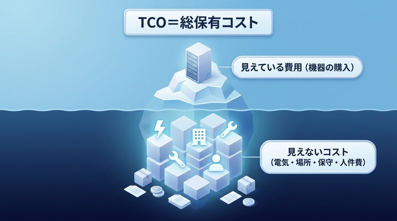 TCO(総保有コスト)の氷山図:見えている費用は機器の購入だけで、水面下に電気・場所・保守・人件費といった見えないコストが隠れていることを示す図