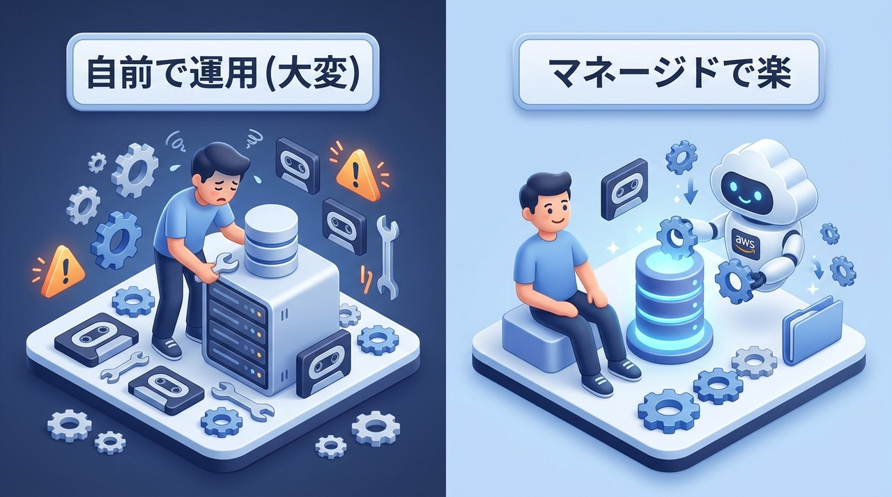 EC2上に自前でDBを構築すると運用が大変。マネージドDB(RDS)なら運用をAWSに任せられて楽なことを示す図