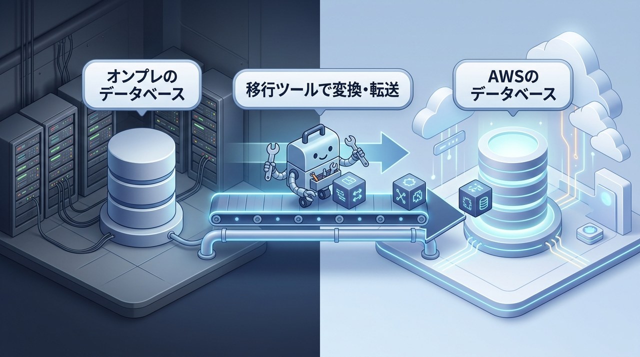 オンプレのデータベースを移行ツール(DMS/SCT)で変換・転送してAWSのデータベースへ移すことを示す図