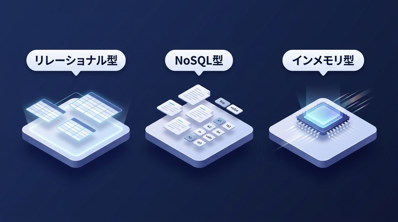 AWSの3種類のデータベース：リレーショナル型(RDS/Aurora)・NoSQL型(DynamoDB)・インメモリ型(ElastiCache/MemoryDB)の違いを示す図