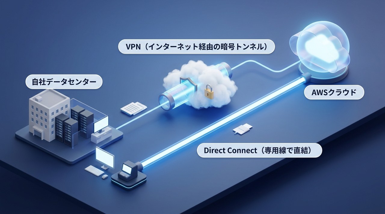 Direct ConnectとVPNの違い：VPNはインターネット経由の暗号トンネル、Direct Connectは専用線で自社データセンターとAWSを直結することを示す図