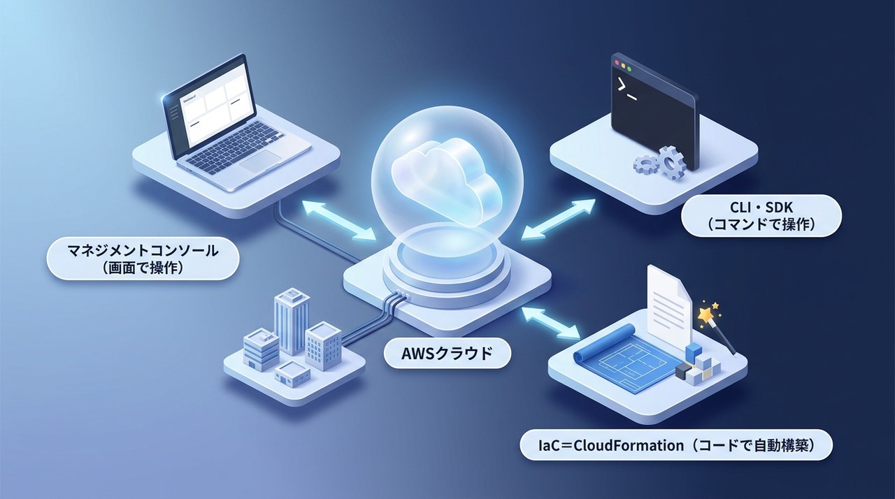 AWSを操作する3つの方法：マネジメントコンソール(画面)・CLI/SDK(コマンド)・IaC=CloudFormation(コードで自動構築)を示す図