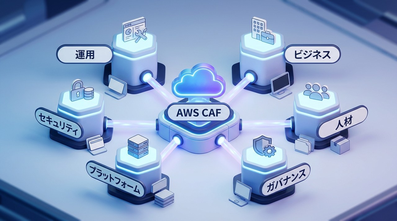 AWS CAFの6つの視点：ビジネス・人材・ガバナンス・プラットフォーム・セキュリティ・運用が中心のAWS CAFを囲む図