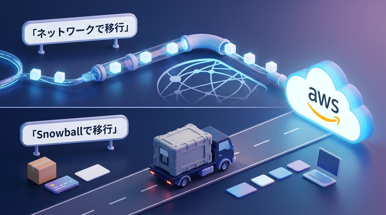 データ移行の2つの方法：ネットワーク経由で転送する方法と、Snowballなど物理デバイスに入れて輸送する方法を示す図