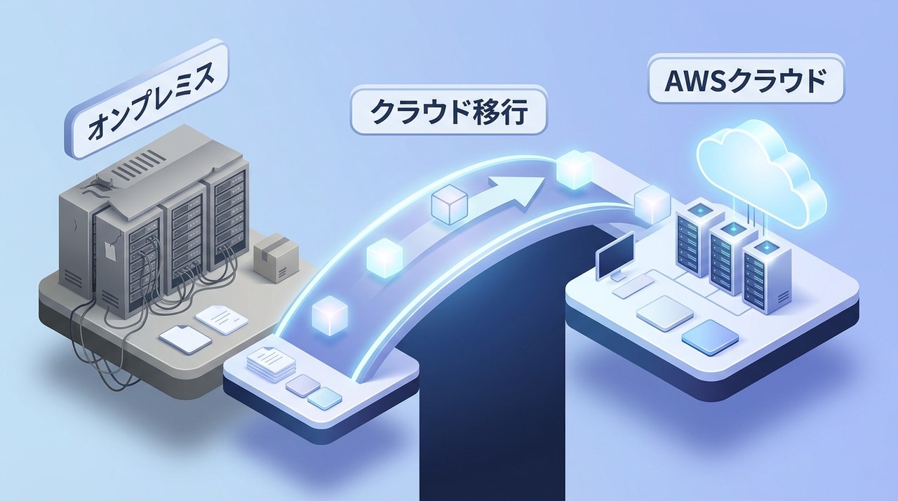 クラウド移行の全体像：オンプレミスのサーバー室からデータを運び、クラウド移行の橋を渡ってAWSクラウドへ移すことを示す図