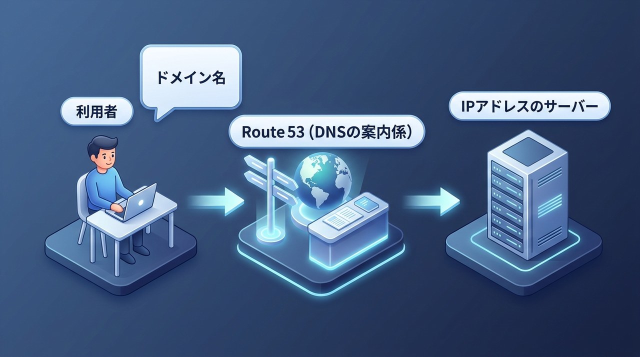 利用者が入力したドメイン名をRoute 53がIPアドレスに変換し、目的のサーバーへ案内する流れを示す図