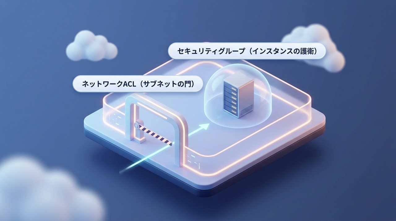ネットワークACLはサブネットの門で入口をチェックし、セキュリティグループはインスタンス1台ごとを護衛することを示す図