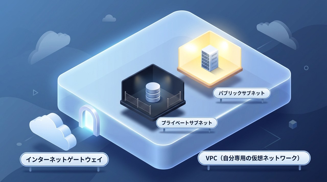 VPCは自分専用の仮想ネットワーク。中にパブリックサブネットとプライベートサブネットを置き、インターネットゲートウェイで外とつなぐイメージ図